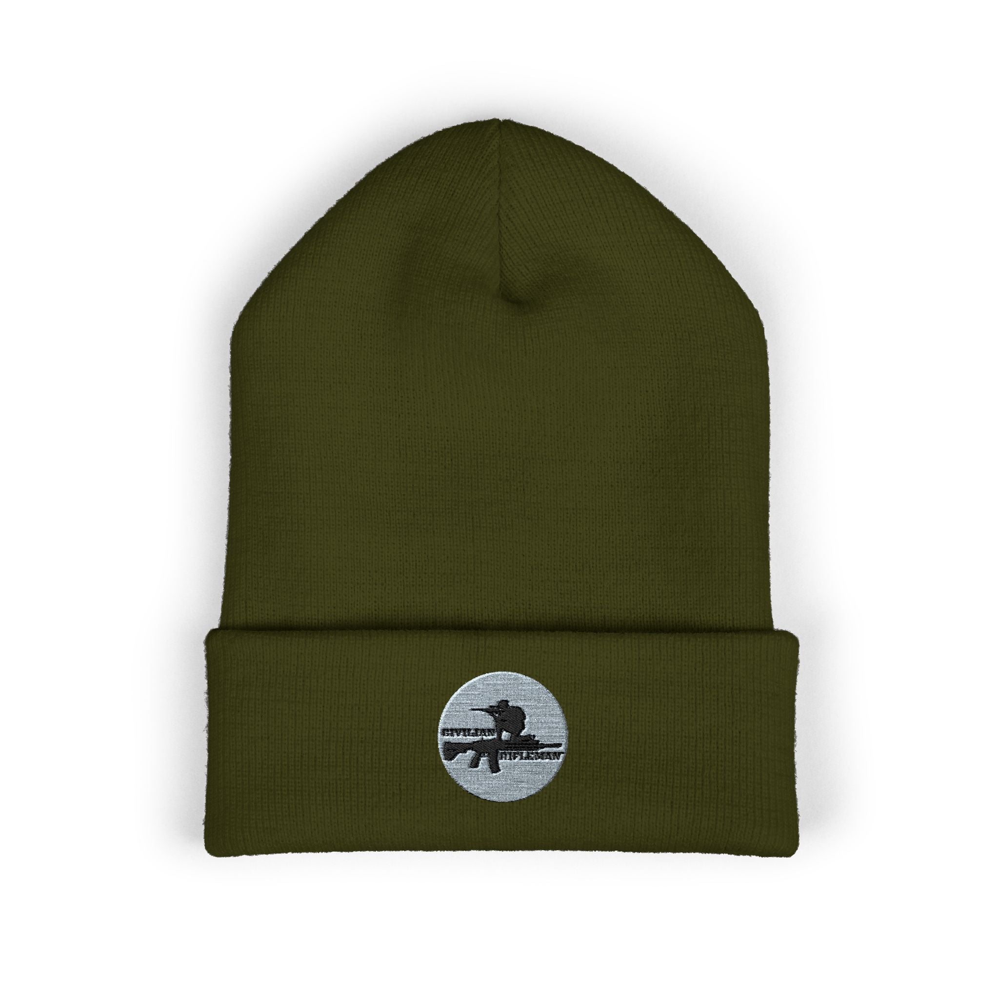 Embroidered Surf Silhouette Cuffed Beanie — Olive Knit Winter Hat
