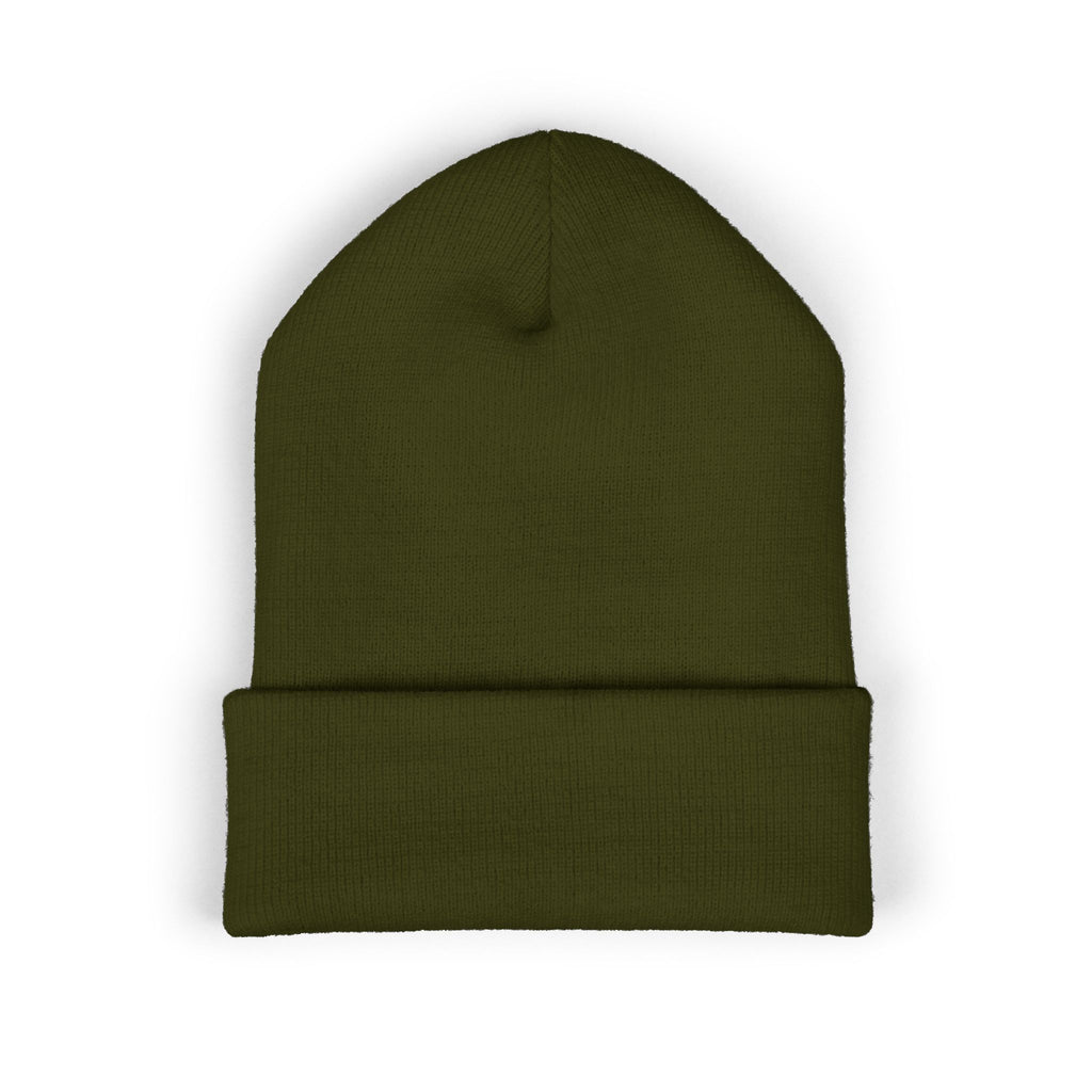 Embroidered Surf Silhouette Cuffed Beanie — Olive Knit Winter Hat